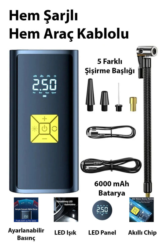 Akıllı Taşınabilir Çok Fonksiyonlu Araç Kompresörü